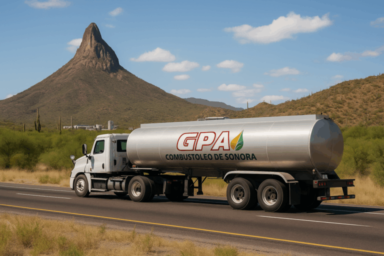 Camión cisterna de Combustóleo de Sonora realizando distribución de combustible en el norte de México, con paisaje desértico y cerro de fondo.