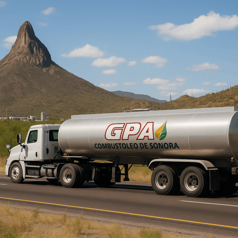 Camión cisterna de Combustóleo de Sonora realizando distribución de combustible en el norte de México, con paisaje desértico y cerro de fondo.